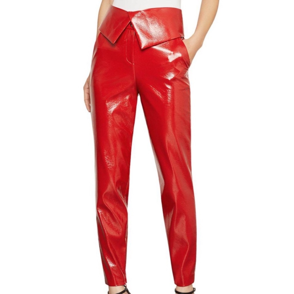 BCBG Max Azria Faux Patent Leather Foldover Waist Zipper Ankles Pants In Red XS